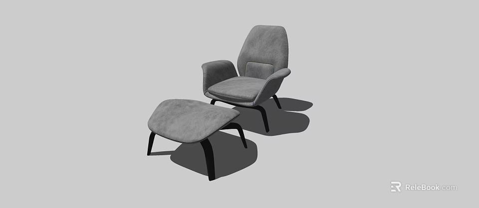 Gray Single Sofa With Matching Ottoman And Black Wooden Legs Minimalist Design 3d model 