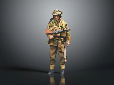 Military Soldier Figure in Uniform Holding Rifle with Helmet and Gear Standing on Gray Background 3d model
