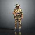 Military Soldier Figure in Uniform Holding Rifle with Helmet and Gear Standing on Gray Background