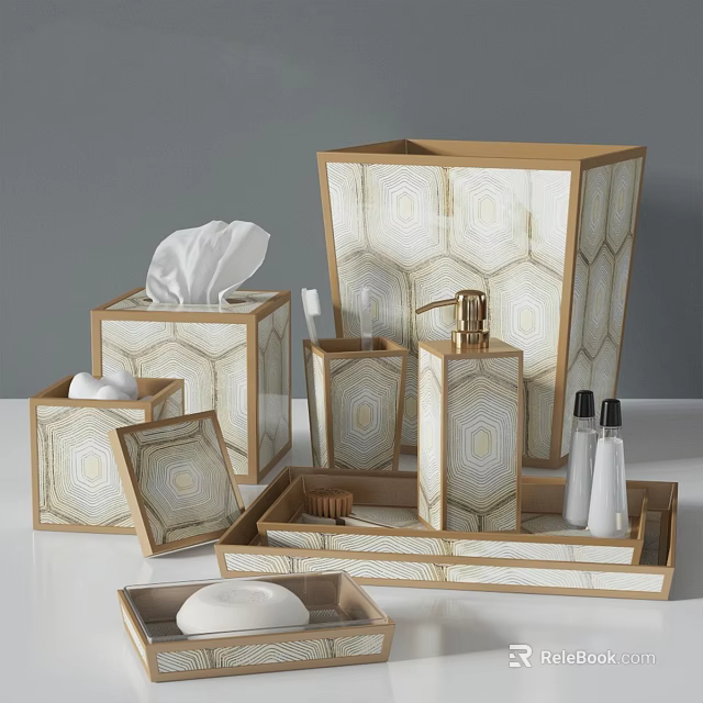 Bathroom Accessories Set With Geometric Pattern Gold Frame And Acrylic Storage Pieces 3d model 