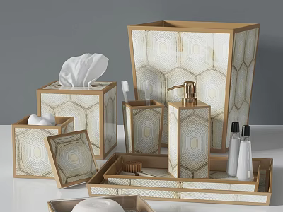 Bathroom Accessories Set With Geometric Pattern Gold Frame And Acrylic Storage Pieces 3d model