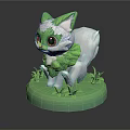 Cute Green And White Cat Like Creature With Large Red Eyes On Green Grass Base