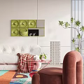 Modern Living Room Interior With White Sofa Colorful Area Rug Wooden Flooring And Potted Plant