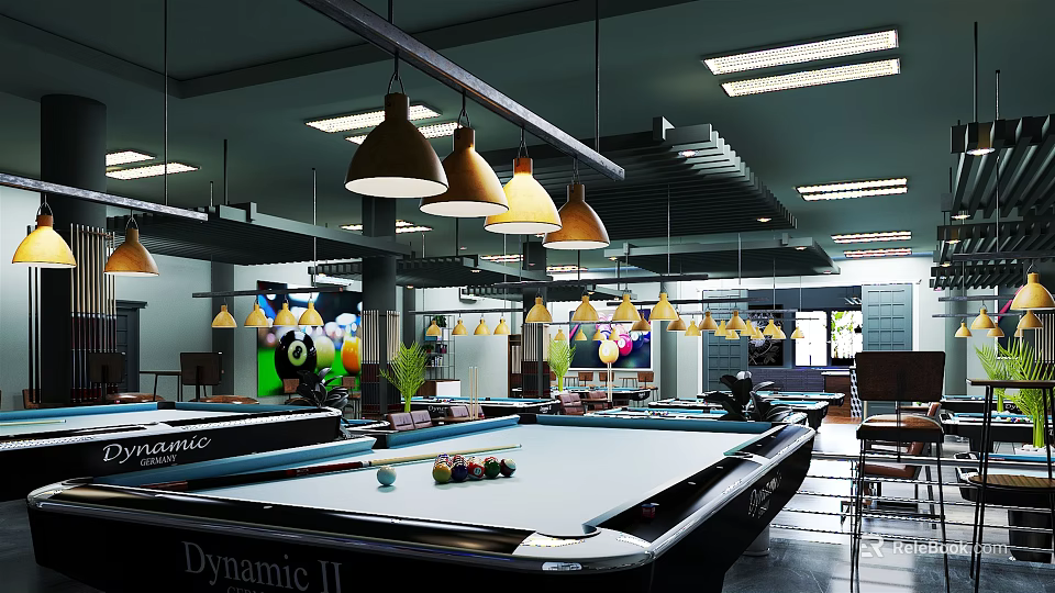 Modern Billiard Room Interior With Multiple Pool Tables And Pendant Lights 3d model
