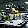 Modern Billiard Room Interior With Multiple Pool Tables And Pendant Lights 3d model
