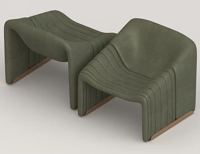 Two Stylish Green Leisure Chairs with Modern Curved Lines and Wooden Base 3d model