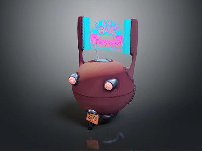 Red Robot Character With Glowing Eyes Top Ear Structure Blue Pink Patterns And 2088 Label 3d model