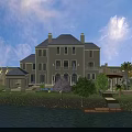 Elegant Detached Villa With Gray Roof Multiple Windows Trees And Waterfront Lawn