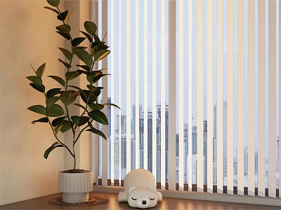 Indoor Bonsai Potted Plant By Window Blinds With City View And White Bear Doll 3d model
