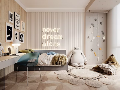 Kids Room With Wooden Walls Striped Decor Neon Sign Plush Toy Climbing Toys And Soft Rugs 3d model