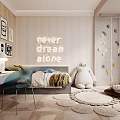 Kids Room With Wooden Walls Striped Decor Neon Sign Plush Toy Climbing Toys And Soft Rugs