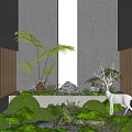 Indoor Landscape Interior With Gray Walls Wooden Slats Greenery Water Feature And White Deer Statue