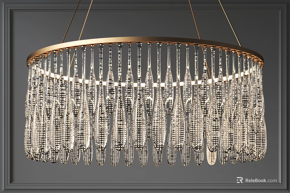 Elegant Round Crystal Chandelier With Transparent Hanging Drops And Golden Decorative Frame 3d model 