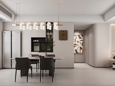 Modern Living Dining Area Design with Dining Table Chairs Pendant Light Artwork and Fridge 3d model