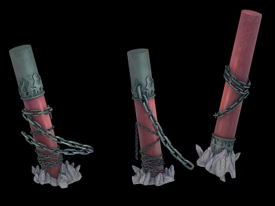 Decorative Red And Green Pillars Wrapped With Chains On Rock Bases 3d model