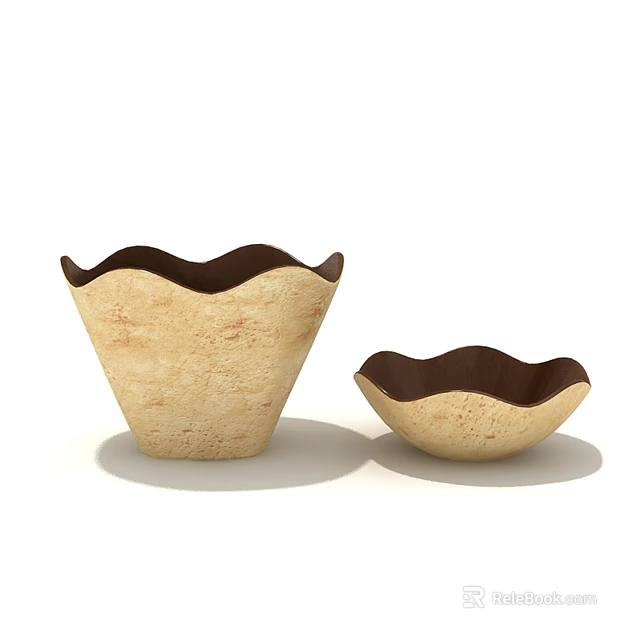 Ceramic Vessels With Scalloped Edges Beige Textured Surface And Dark Brown Interior 3d model 