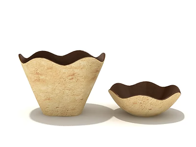 Ceramic Vessels With Scalloped Edges Beige Textured Surface And Dark Brown Interior 3d model