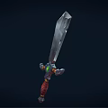 Unique Metallic Sword With Decorative Hilt Green Glowing Element And Red Wrapped Handle