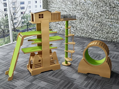 Sturdy Wooden Pet Play Furniture With Green Slide Multi Level Platforms And Tunnel 3d model