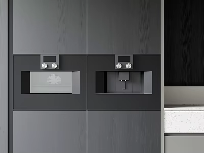 Sleek Modern Kitchen Interior With Built in Daily Appliances In Gray Cabinets And Black Panels 3d model