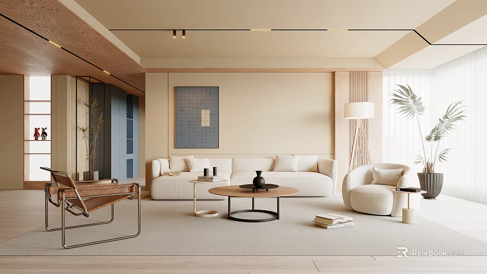 Modern Living Room Interior With Beige Sofa And Coffee Table 3d model