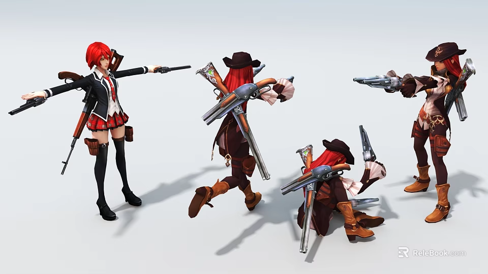 Red Haired Game Movie Characters Holding Guns In Different Outfits And Various Poses 3d model 
