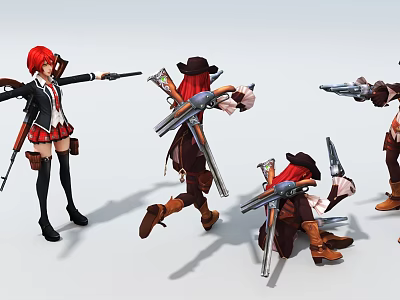 Red Haired Game Movie Characters Holding Guns In Different Outfits And Various Poses 3d model