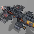 Futuristic Battle Spaceship With Multiple Turrets Mechanical Armor And Black Orange Gray Design