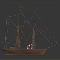 Wooden Ship Model Display with Intricate Masts Rigging on Dark Reflective Surface
