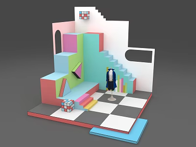 Colorful Geometric Photo Spot With Stairs Platforms And Black White Checkered Floor 3d model