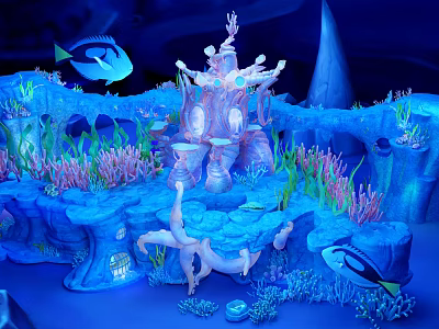 Cartoon Underwater Scene With Colorful Coral Rocks Playful Fish And Glowing Lights 3d model