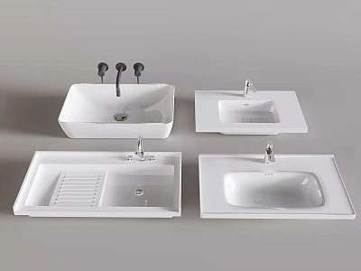 White Ceramic Bathroom Washbasins with Different Shapes and Modern Faucet Designs 3d model