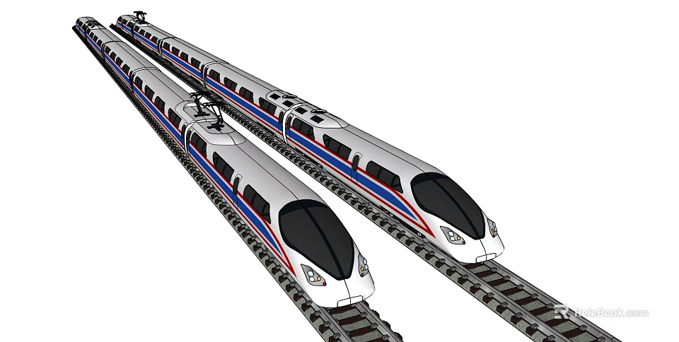 Two Modern Streamlined High Speed Trains Traveling on Parallel Railway Tracks 3d model