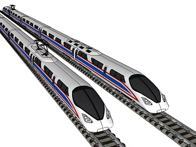 Two Modern Streamlined High Speed Trains Traveling on Parallel Railway Tracks 3d model