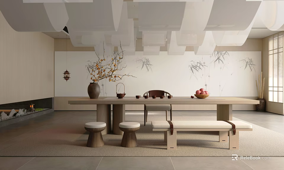 Minimalist Zen Tea Room Interior With Long Table Stools And Bamboo Decor 3d model 