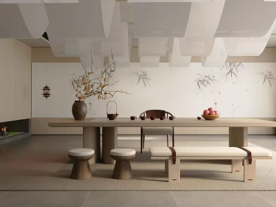 Minimalist Zen Tea Room Interior With Long Table Stools And Bamboo Decor 3d model