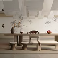 Minimalist Zen Tea Room Interior With Long Table Stools And Bamboo Decor