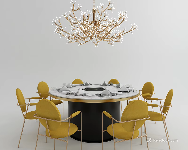 Round Dining Table Set With Yellow Chairs Golden Frame And Branch Shaped Chandelier 3d model