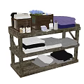 Bathroom Accessories Organized On Wooden Shelf With Towels Toiletries And Flowers