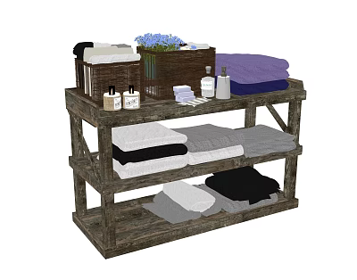 Bathroom Accessories Organized On Wooden Shelf With Towels Toiletries And Flowers 3d model