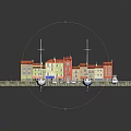 Cartoon Marina Scenery With Colorful Houses Moored Boats And Wooden Dock