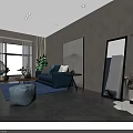 Modern Living Room With Stylish Pendant Light Blue Sofa And Green Plants