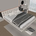 Modern Double Bed with Upholstered Headboard Pillows Blanket on Wooden Floor Nightstand Curtains Natural Light