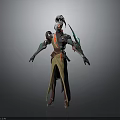 Futuristic Biomechanical Character With Silver Armor Green Red Accents And Long Tunic