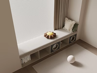 Bay Window Cabinet With Cushioned Seat Sunflower Cushion White Pillow And Open Storage Shelves 3d model