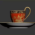Red And Gold Teacup With Saucer Featuring Dragon Patterns And Building Motifs With Gold Trim