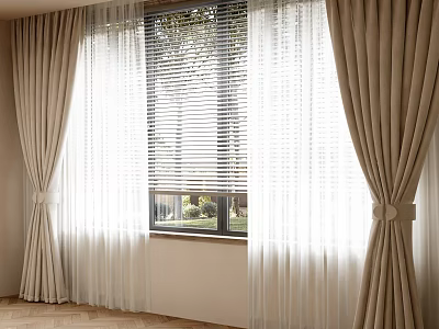 Beige Curtains With Sheer Panels And Window Blinds Natural Light Green Plants Outside Wooden Floor 3d model