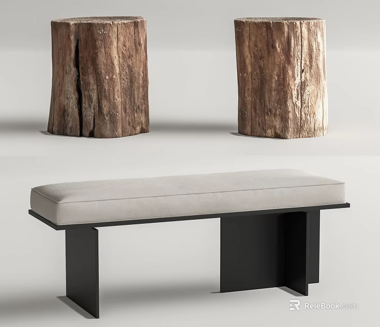 Natural Wooden Stump Stools And Modern Upholstered Bench Stool Home Decor 3d model 