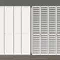 Modern White Wardrobe Design With Arched Panel And Louvered Doors Featuring Golden Handles
