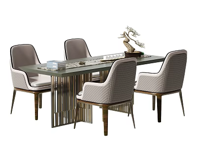Modern Dining Table Set With Glass Top Metal Frame And Four Light Gray Chairs 3d model